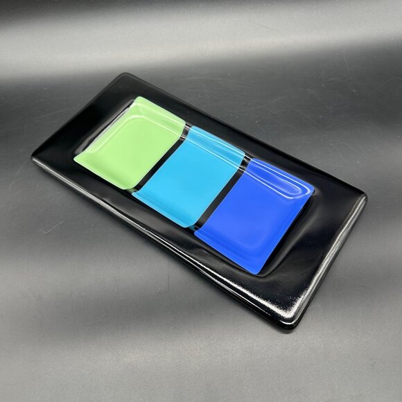Engler Fused Glass Tray Green Blue Black Stripes Signed Art Vanity Trinkets Keys - Picture 1 of 8